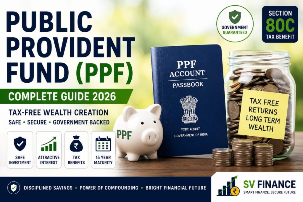 Public Provident Fund (PPF) guide showing long-term savings, government-backed investment and tax-saving concept.