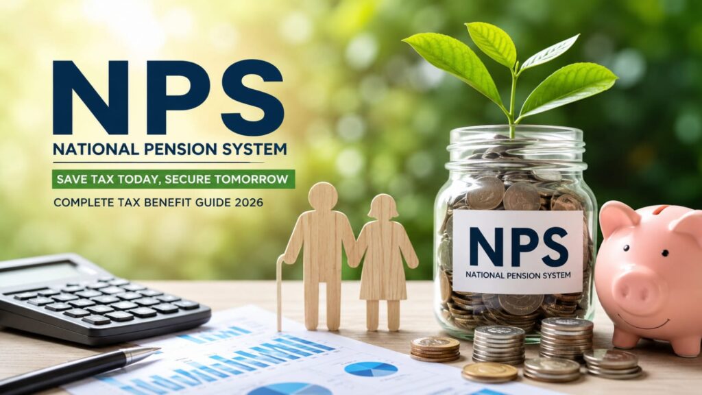 National Pension System (NPS) tax saving illustration showing retirement planning, savings jar, piggy bank and investment concept for 2026