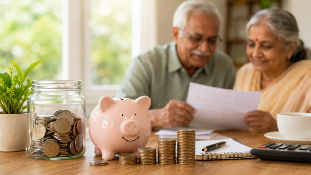 Senior Indian couple reviewing retirement savings documents with a piggy bank, coins, calculator, and notebook, representing the Senior Citizens Savings Scheme (SCSS) and retirement planning in India.