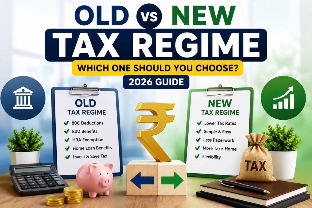 Comparison of the old and new income tax regimes in India showing tax planning documents, calculator, and financial planning concept for FY 2026–27.