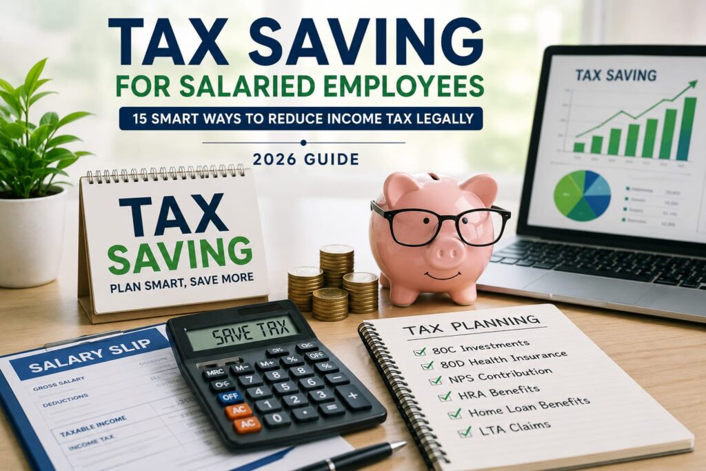 Indian salaried employee reviewing tax planning documents with a calculator, laptop, salary slip, and financial records, representing legal income tax saving strategies in India.