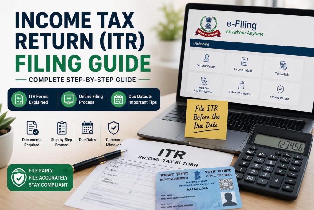 Indian taxpayer reviewing income tax return documents with a laptop, calculator, PAN card, and financial records while filing an Income Tax Return online.