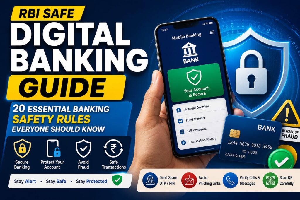 Person using a secure mobile banking app with smartphone, debit card, security shield, and digital payment icons representing RBI digital banking safety tips, UPI fraud prevention, and secure online banking in India.