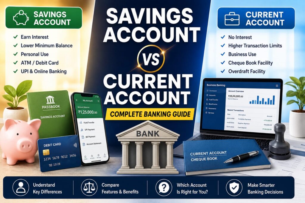 Comparison of a Savings Account and Current Account with passbook, cheque book, debit card, mobile banking, and bank building, highlighting key differences, features, and benefits for Indian banking customers.