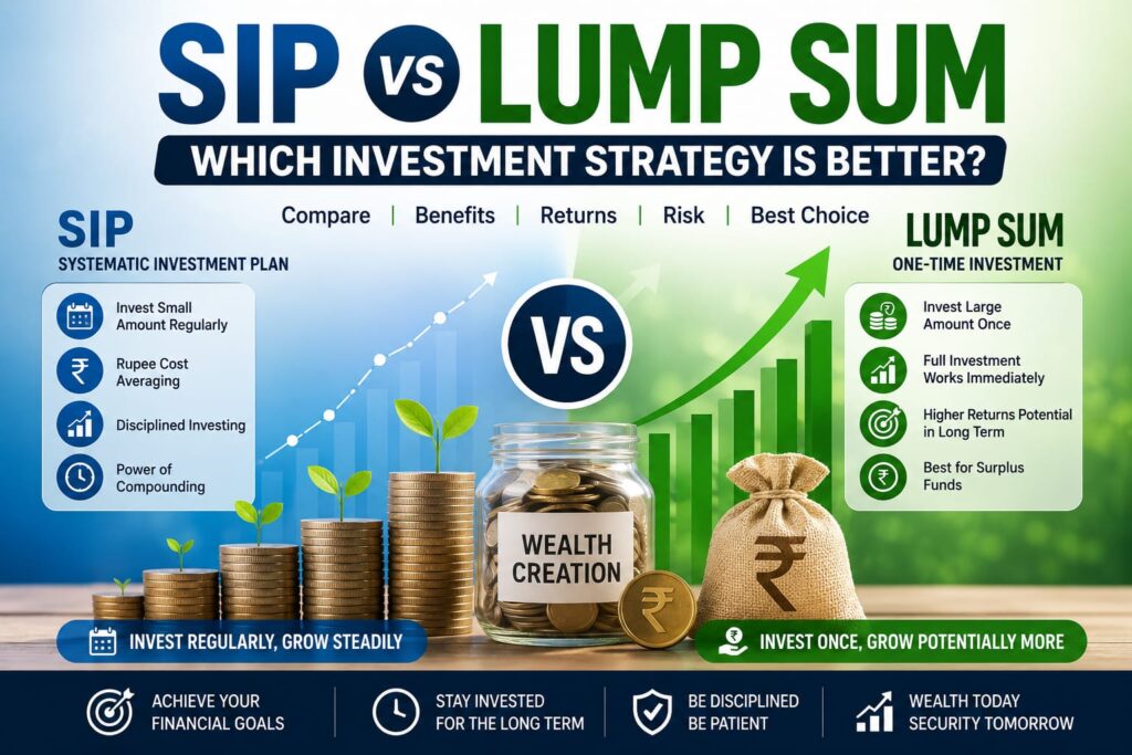 Comparison of SIP and Lump Sum mutual fund investments with growing coins, investment charts, rupee symbol, and wealth creation concept, helping investors choose the right investment strategy in India.