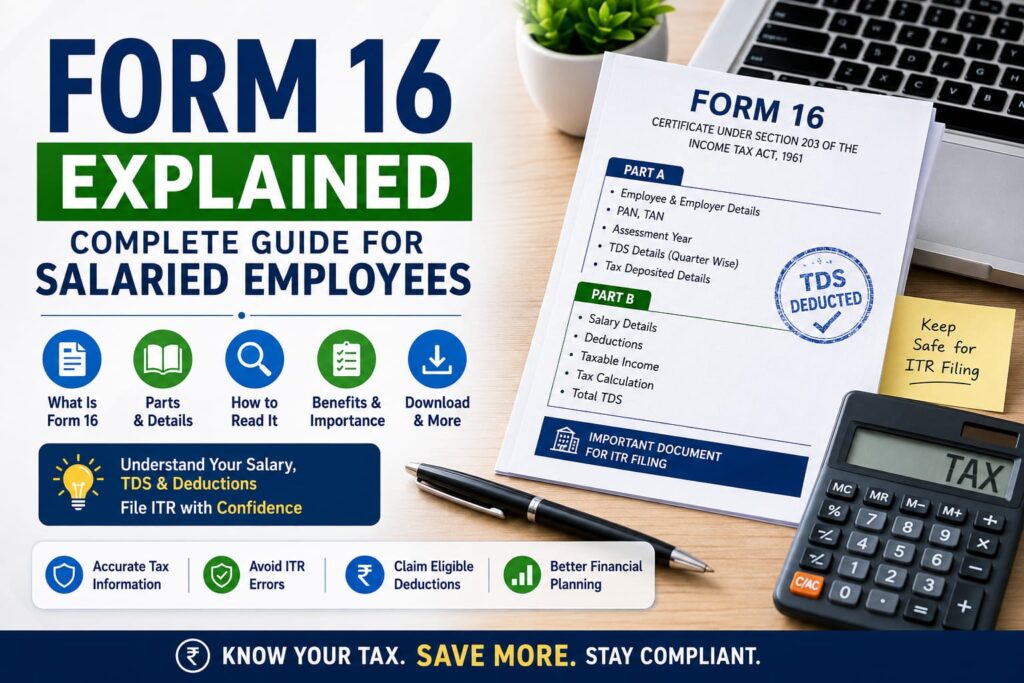 Form 16 document with salary details, TDS information, calculator, laptop, and tax planning documents, explaining how salaried employees can use Form 16 for Income Tax Return (ITR) filing in India.