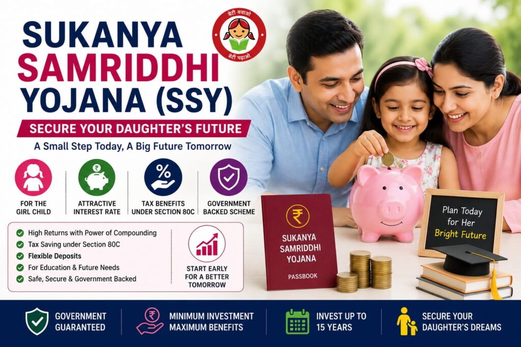 Parents and daughter saving money through Sukanya Samriddhi Yojana (SSY) with piggy bank, passbook, coins, and education planning, highlighting government-backed savings, tax benefits, and long-term financial security for a girl child in India.