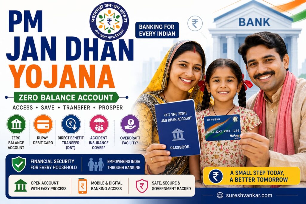 Indian family with a PM Jan Dhan Yojana passbook and RuPay debit card, representing a zero balance bank account, financial inclusion, Direct Benefit Transfer (DBT), and government-backed banking services in India.
