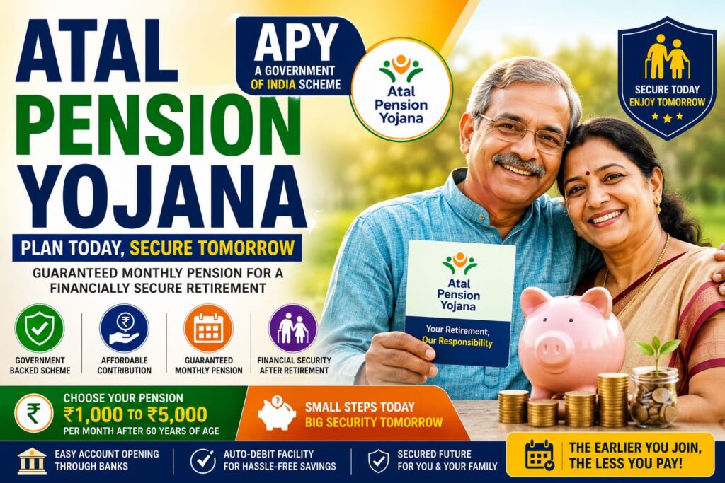 Smiling retired Indian couple with Atal Pension Yojana (APY) booklet, savings, piggy bank, and growing coins, representing a government-backed pension scheme, guaranteed monthly pension, retirement planning, and long-term financial security in India.