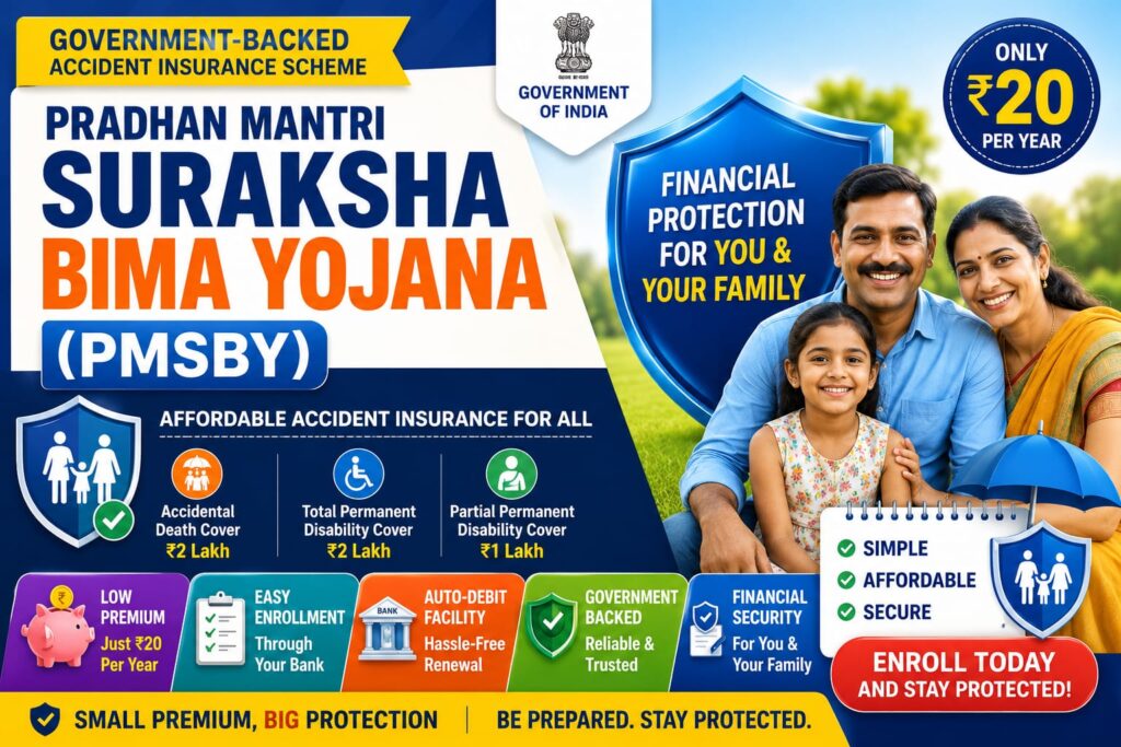 Indian family protected by Pradhan Mantri Suraksha Bima Yojana (PMSBY) with insurance shield, umbrella, accident insurance cover, and government-backed financial protection, highlighting affordable annual premium and security against accidental death and disability in India.