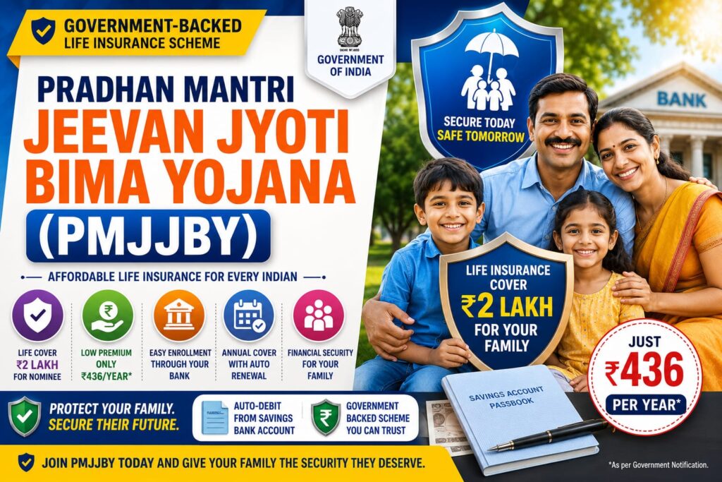 Indian family protected under Pradhan Mantri Jeevan Jyoti Bima Yojana (PMJJBY) with life insurance shield, savings bank passbook, and government-backed life insurance, highlighting affordable annual premium and ₹2 lakh financial protection for the nominee.