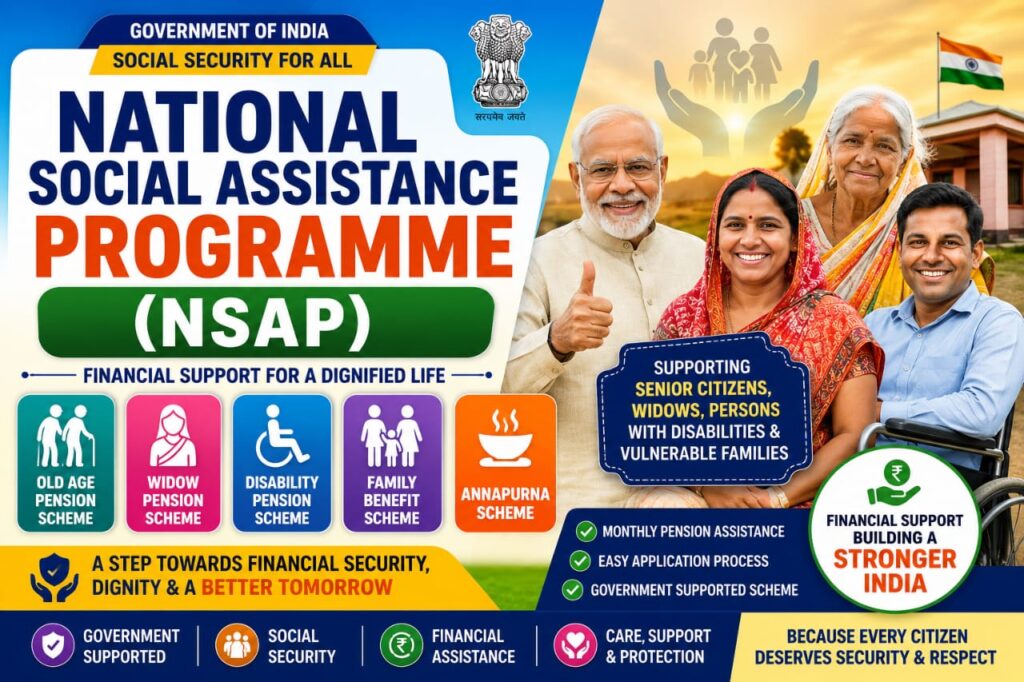 Senior citizen, widow, person with disability, and family representing the National Social Assistance Programme (NSAP), highlighting old age pension, widow pension, disability pension, financial assistance, and government-backed social security schemes