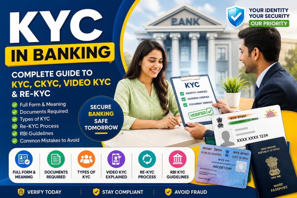 Customer completing KYC verification at a bank using Aadhaar card, PAN card, passport, and identity documents, illustrating Know Your Customer (KYC), CKYC, Video KYC, Re-KYC, RBI guidelines, and secure banking practices in India.