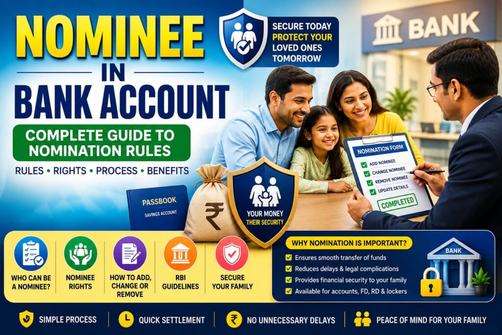 Happy Indian family completing a bank account nominee form with a bank officer, passbook, nomination documents, and financial security symbols, illustrating nominee rules, nominee rights, and secure banking in India.