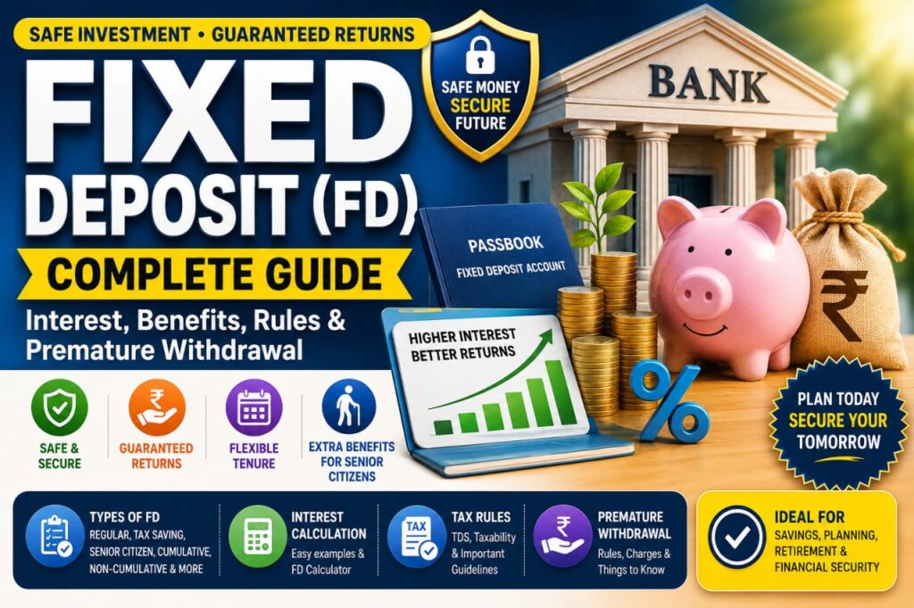 Indian customer opening a Fixed Deposit (FD) account at a bank with passbook, piggy bank, growing savings, interest rate chart, and secure investment concept, highlighting FD benefits, interest, tax rules, and premature withdrawal in India.