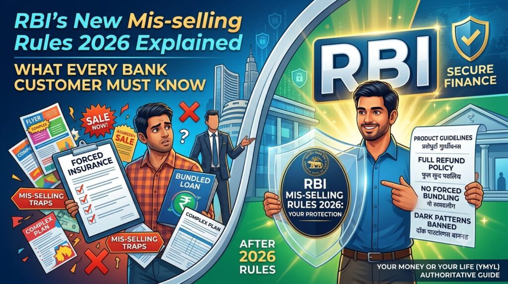 Illustration explaining RBI Mis-selling Rules 2026, highlighting new customer rights, refund rules, bank responsibilities, fair banking practices, consumer protection, and transparent financial product sales in India.