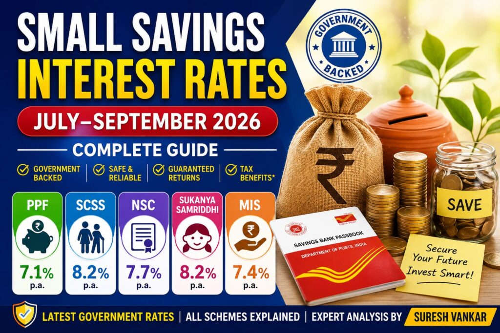 Eye-catching infographic showing Small Savings Interest Rates for July–September 2026, including PPF, SCSS, NSC, Sukanya Samriddhi Yojana (SSY), and Post Office Monthly Income Scheme (MIS) with the latest government-backed interest rates, safe investment options, and expert analysis by Suresh Vankar.