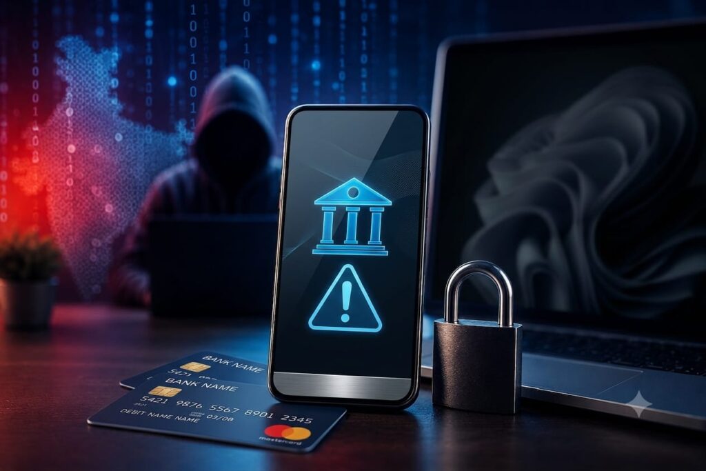 Illustration representing RBI AI Banking Fraud 2026, showing secure digital banking, cybersecurity protection, and online banking fraud prevention for Indian bank customers.