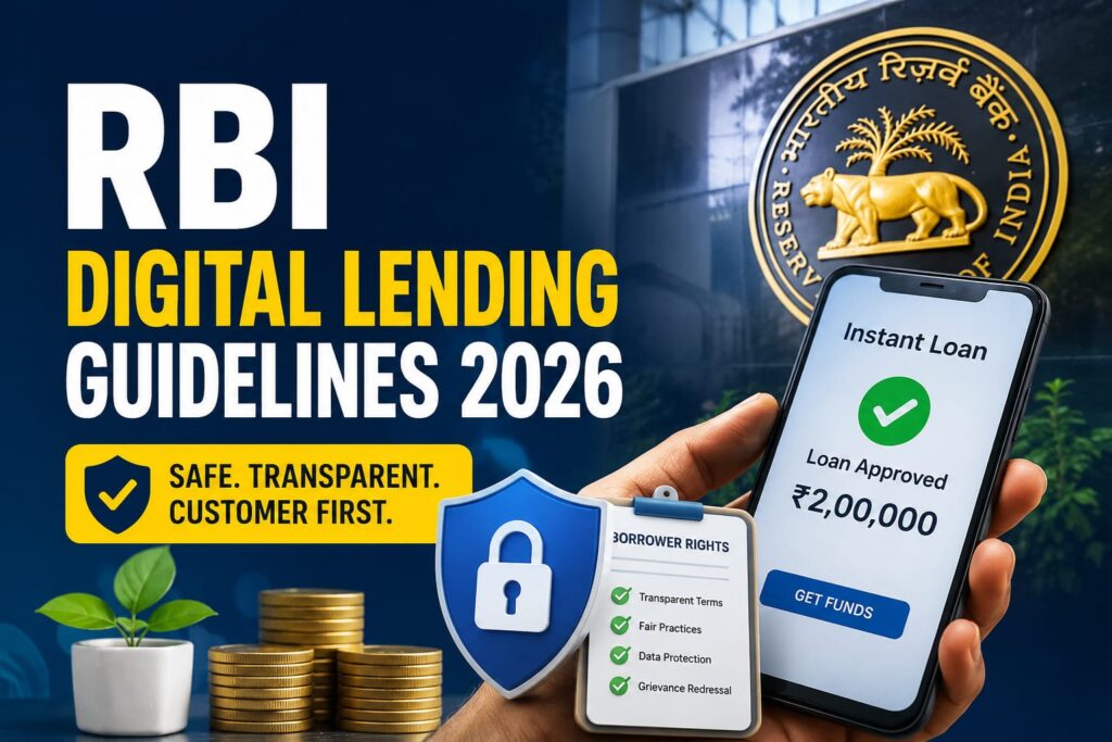 Modern illustration of secure digital lending showing a smartphone, borrower protection, and online loan security representing RBI Digital Lending Guidelines 2026.