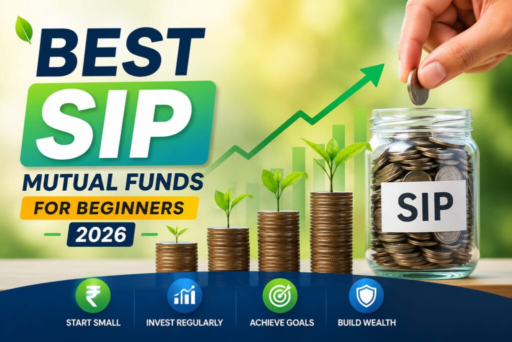 Illustration of SIP mutual fund investing with growing coins, investment jar, and upward growth chart representing the best SIP mutual funds for beginners in 2026.
