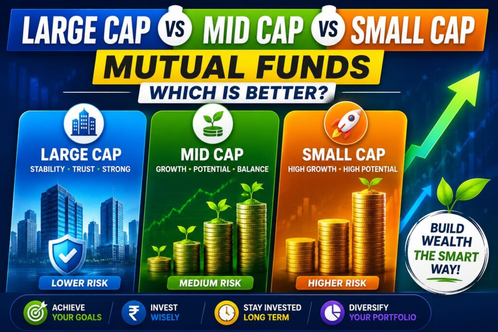 Comparison illustration of Large Cap, Mid Cap, and Small Cap Mutual Funds showing different risk levels, growth potential, and long-term investment opportunities for Indian investors.