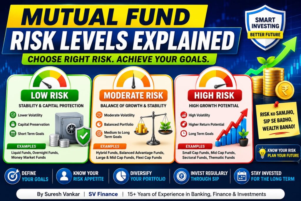 Professional illustration explaining mutual fund risk levels with low, moderate and high risk investment categories, growth charts and financial planning concepts for Indian investors.