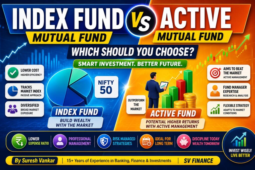 Professional comparison illustration of Index Fund and Active Mutual Fund showing passive and active investing strategies, portfolio growth, expense ratio, and long-term wealth creation for Indian investors.