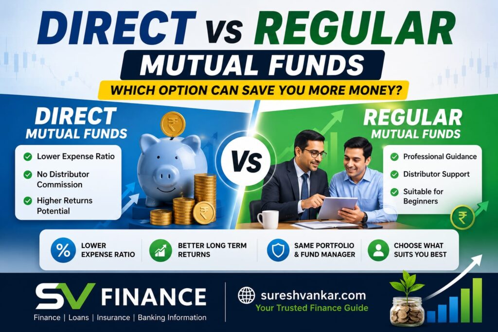 Professional comparison illustration of Direct and Regular Mutual Funds showing expense ratio, investment returns, financial advice, and long-term wealth creation for Indian investors.