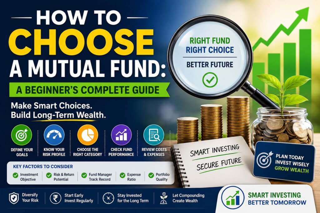 Professional illustration showing how to choose the right mutual fund based on financial goals, risk profile, fund performance, expense ratio, and long-term wealth creation for Indian investors.