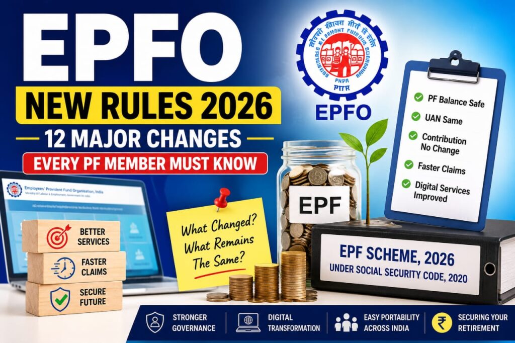 Professional illustration highlighting EPFO New Rules 2026 with EPF Scheme 2026, PF account updates, UAN continuity, faster claim processing, digital services, and retirement savings for salaried employees in India.