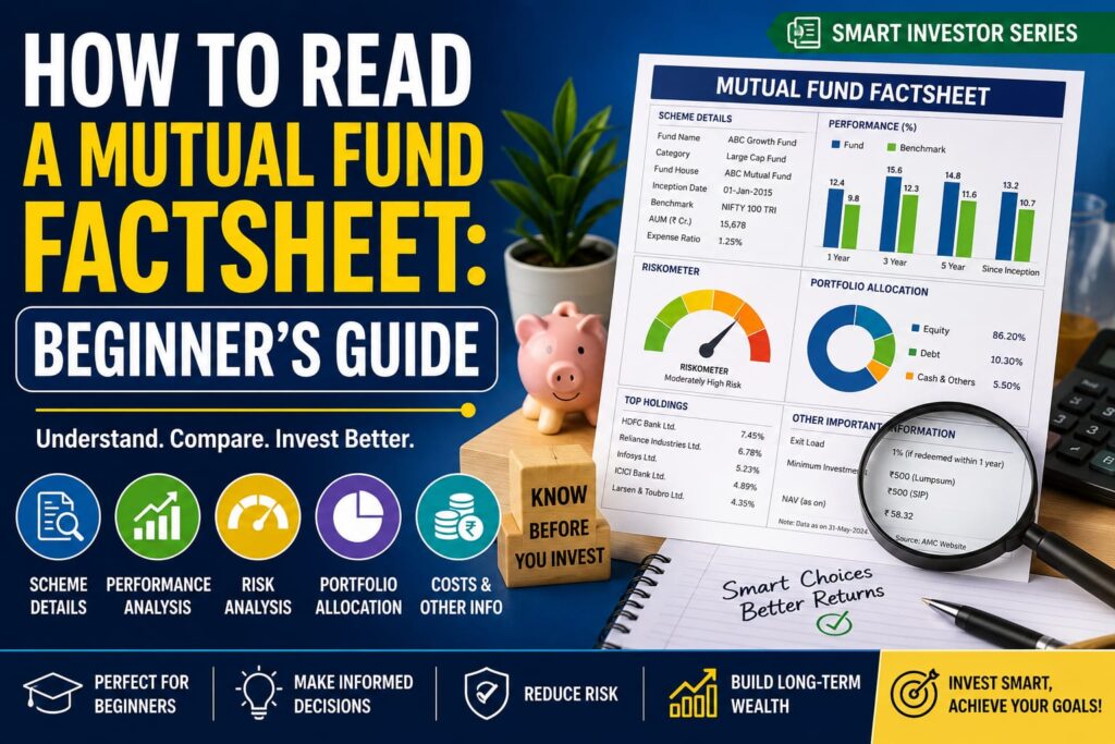 Professional illustration explaining how to read a mutual fund factsheet, including fund objective, portfolio allocation, performance, riskometer, expense ratio, top holdings, and key investment metrics for Indian mutual fund investors.
