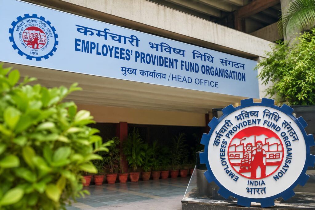 EPF Interest Credited 2026 illustration featuring the Employees' Provident Fund Organisation (EPFO) office entrance and official signage, representing EPF interest credit, PF balance check, retirement savings, and provident fund services in India.