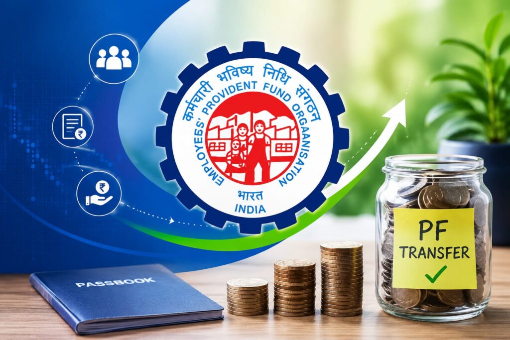 EPFO Auto PF Transfer 2026 illustration showing the Employees' Provident Fund Organisation (EPFO) logo, PF balance transfer, UAN-based account transfer, retirement savings, and job change process in India.