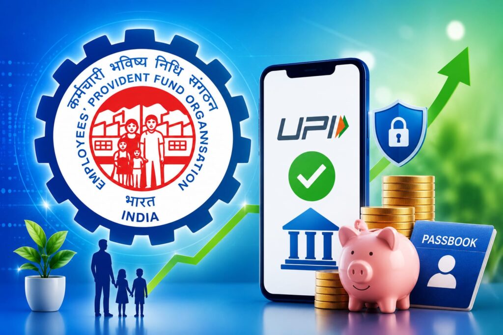 EPFO 3.0 Explained illustration featuring the Employees' Provident Fund Organisation (EPFO) logo, UPI-based PF withdrawal concept, digital provident fund services, faster claim settlement, retirement savings, and secure online EPF services in India.