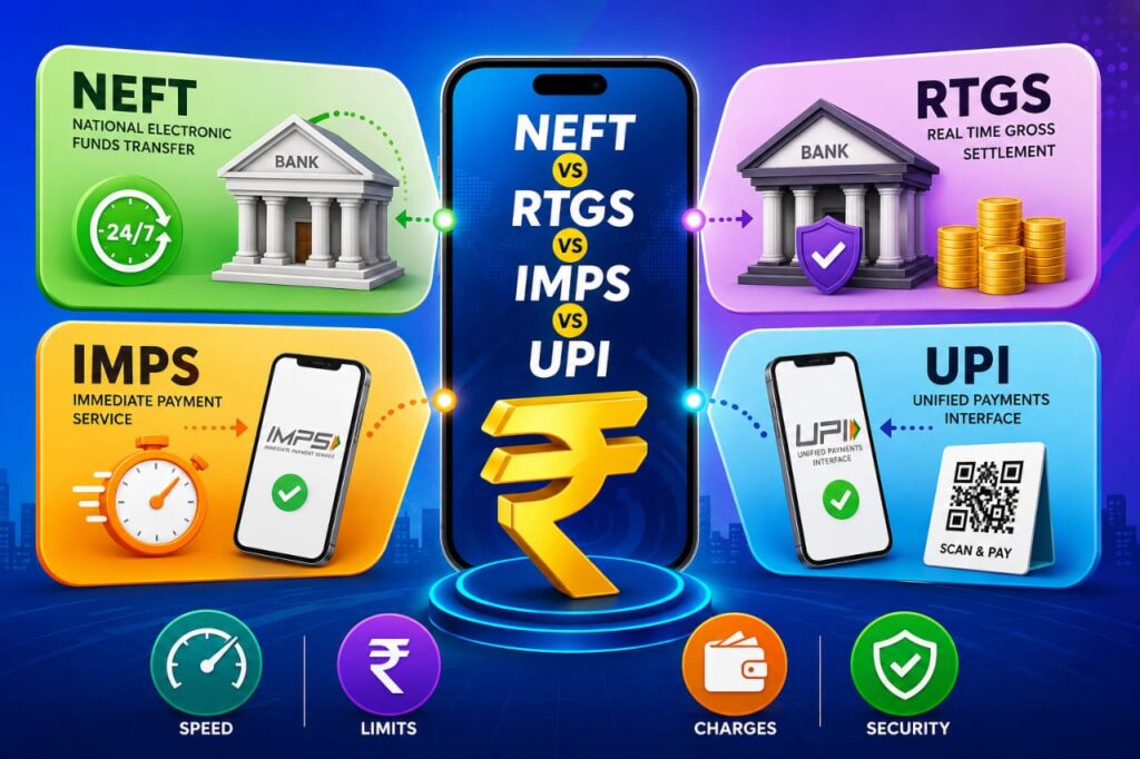 Comparison of NEFT, RTGS, IMPS and UPI showing transfer limits, charges, speed, timings and security in India.