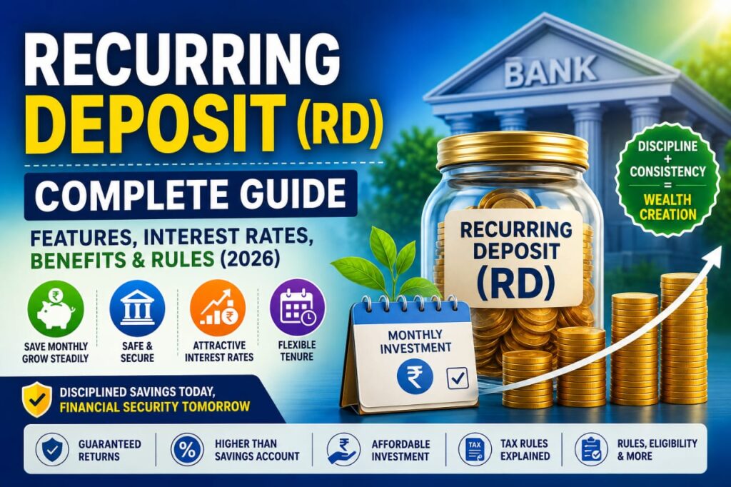 Illustration of a Recurring Deposit account showing monthly savings, interest growth and bank investment in India.