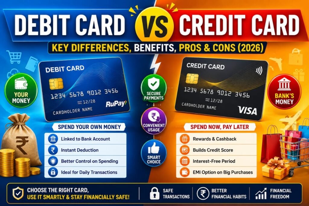 Colorful comparison of debit card and credit card showing key differences, spending limits, rewards, cashback, credit score benefits and secure digital payments in India.