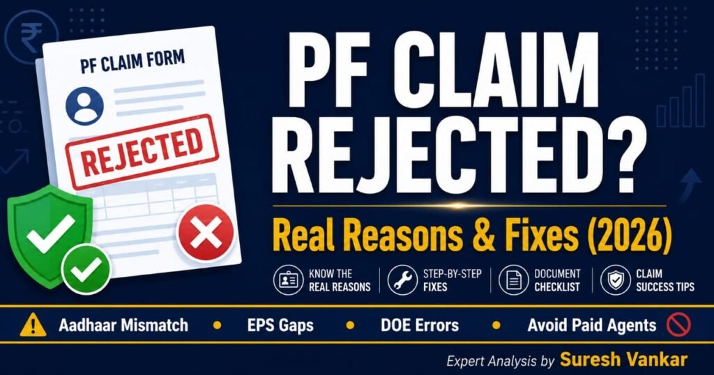PF claim rejected 2026 banner showing common EPF withdrawal rejection reasons - Aadhaar mismatch, EPS gaps, Date of Exit errors - and warning against paid agents